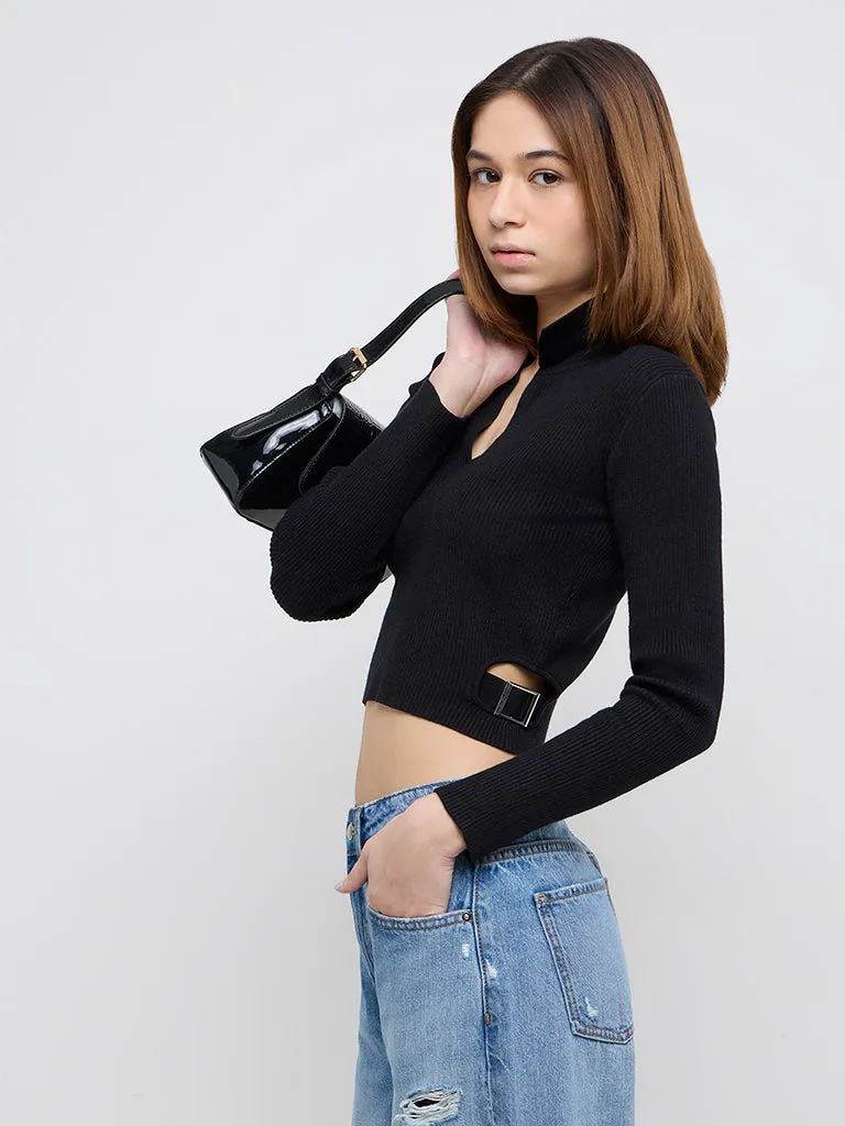 Nuon Black Ribbed-Textured Crop Top