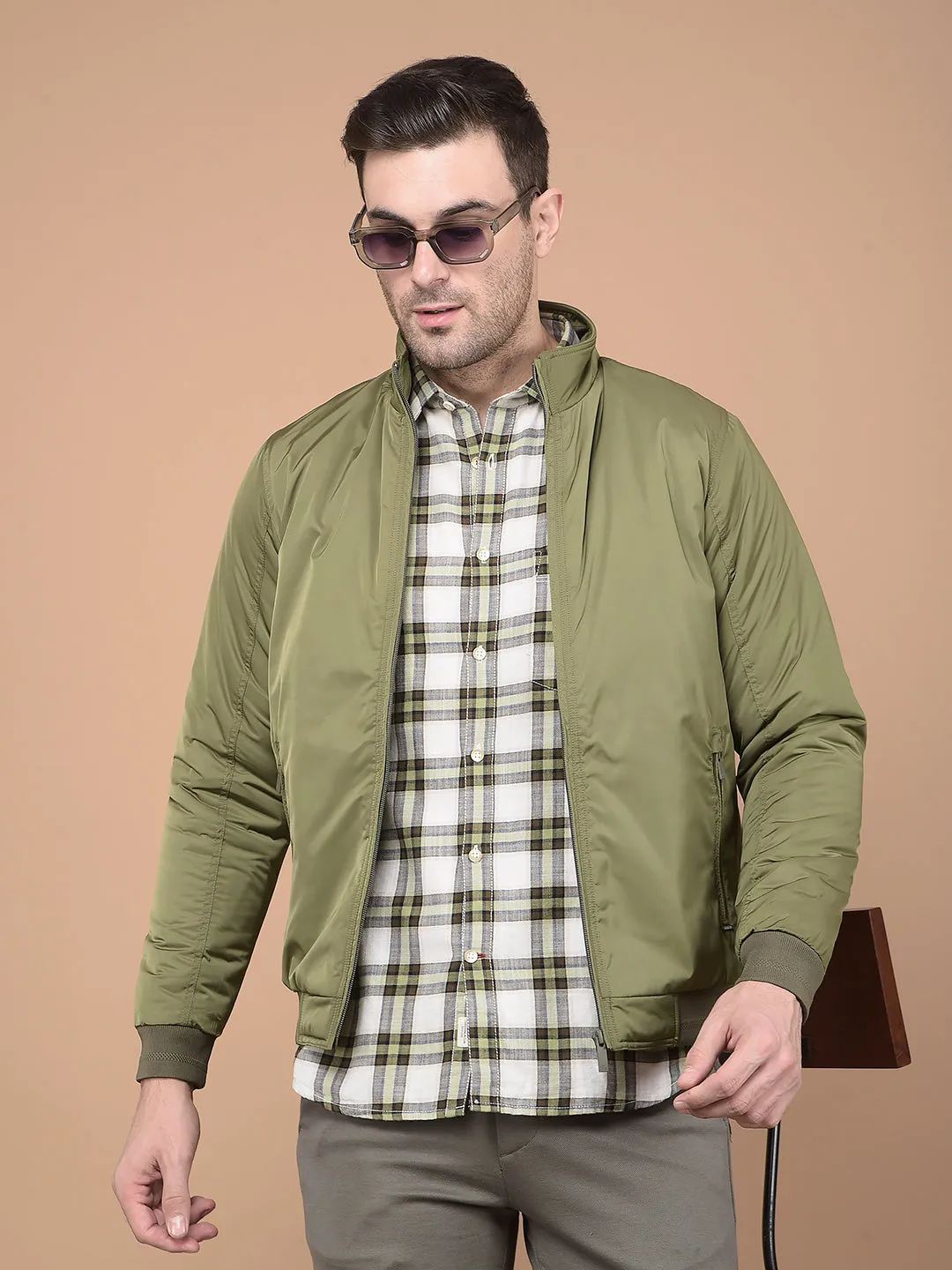 Olive Mock Neck Bomber Jacket