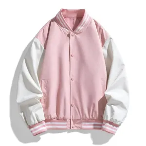Pink Women Bomber Jackets Fall Winter Fashion Baseball Uniform Oversized Coats
