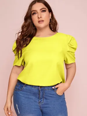 Plain Button Short Sleeve Round Neck Regular Plus Size Blouse