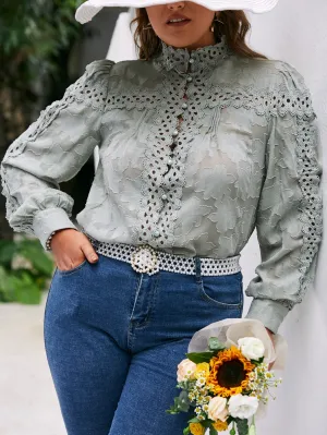 Plain Contrast Lace Long Sleeve Stand Collar Semi-Sheer Regular Plus Size Blouse
