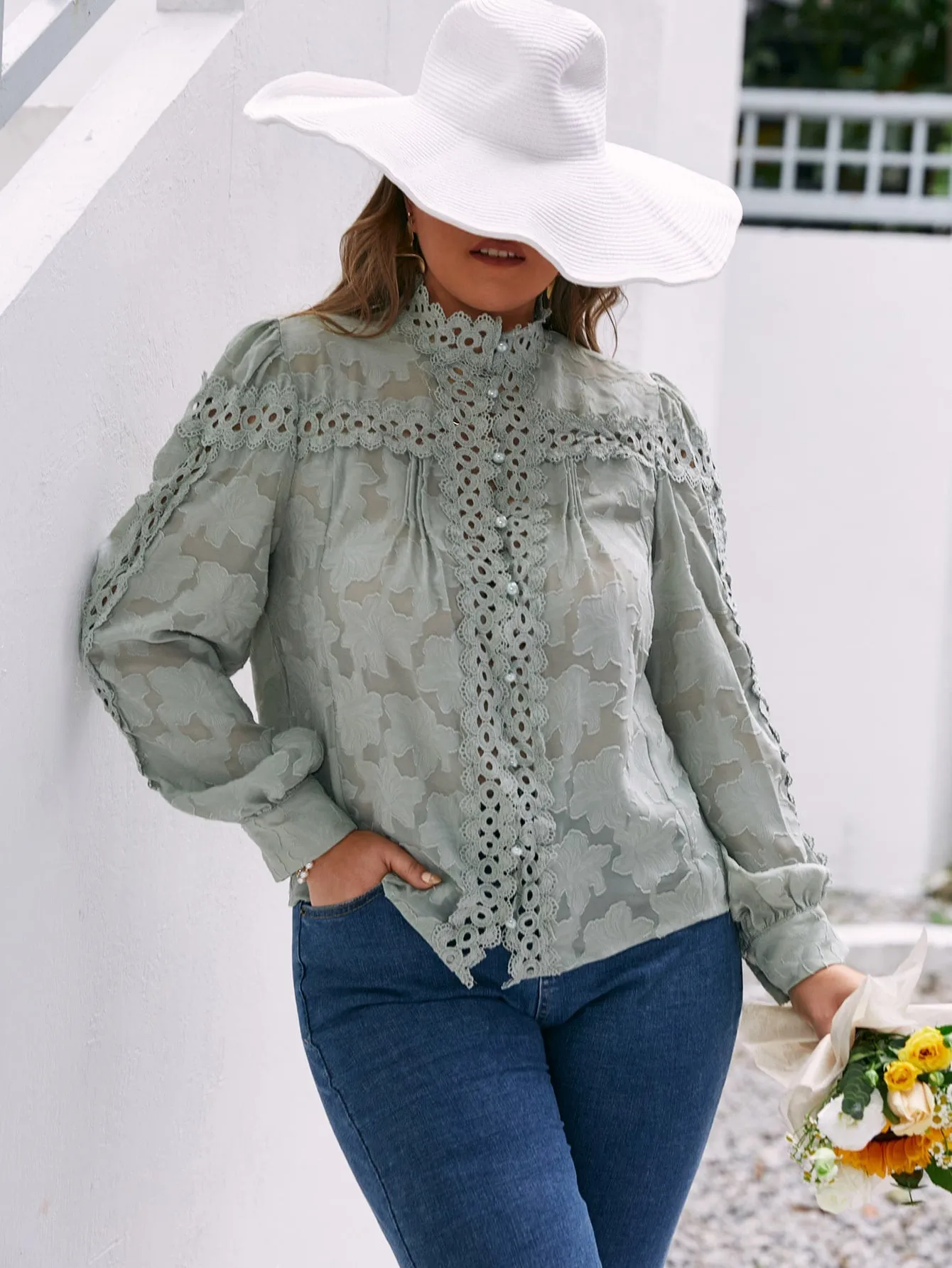 Plain Contrast Lace Long Sleeve Stand Collar Semi-Sheer Regular Plus Size Blouse