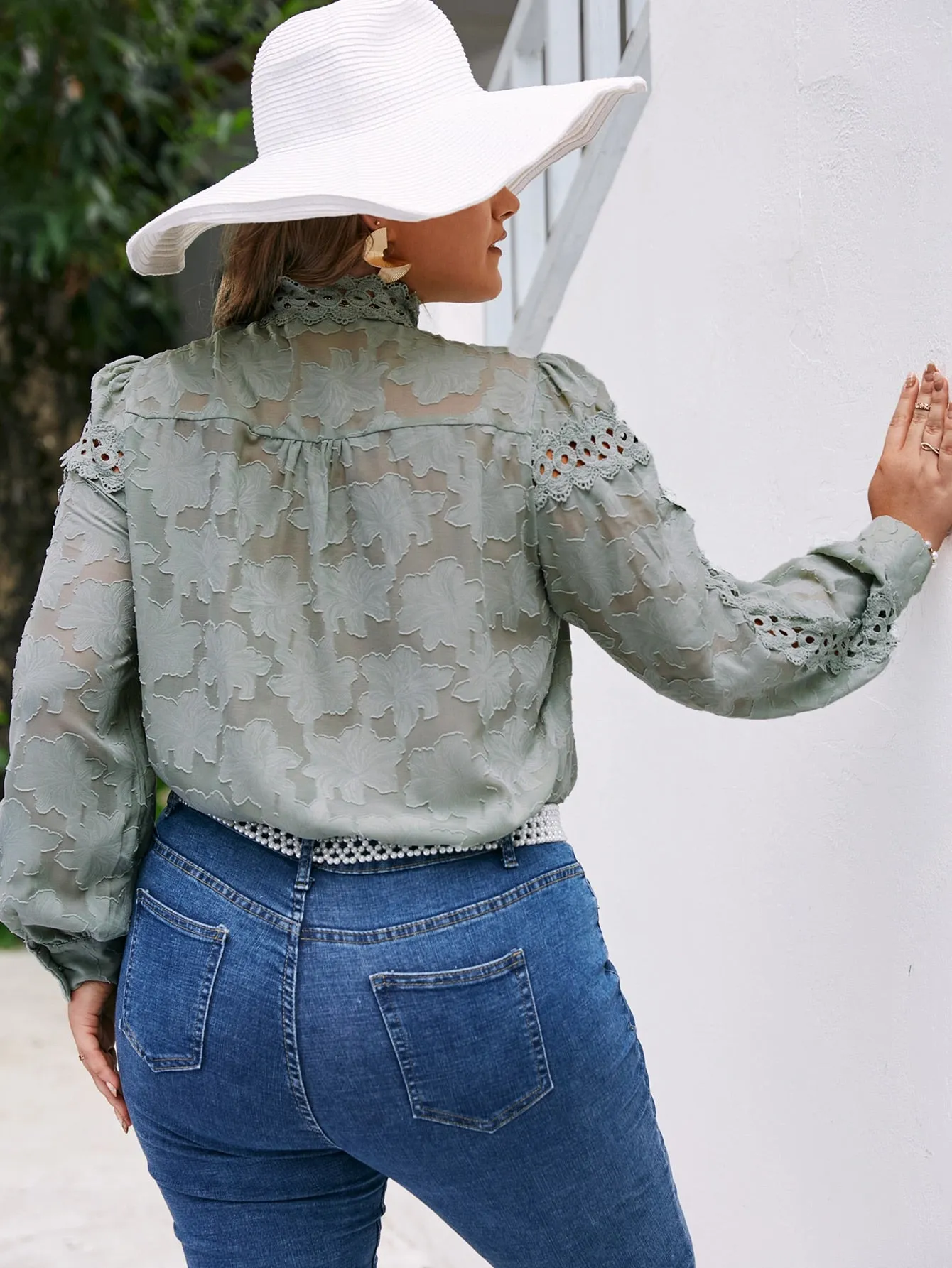 Plain Contrast Lace Long Sleeve Stand Collar Semi-Sheer Regular Plus Size Blouse