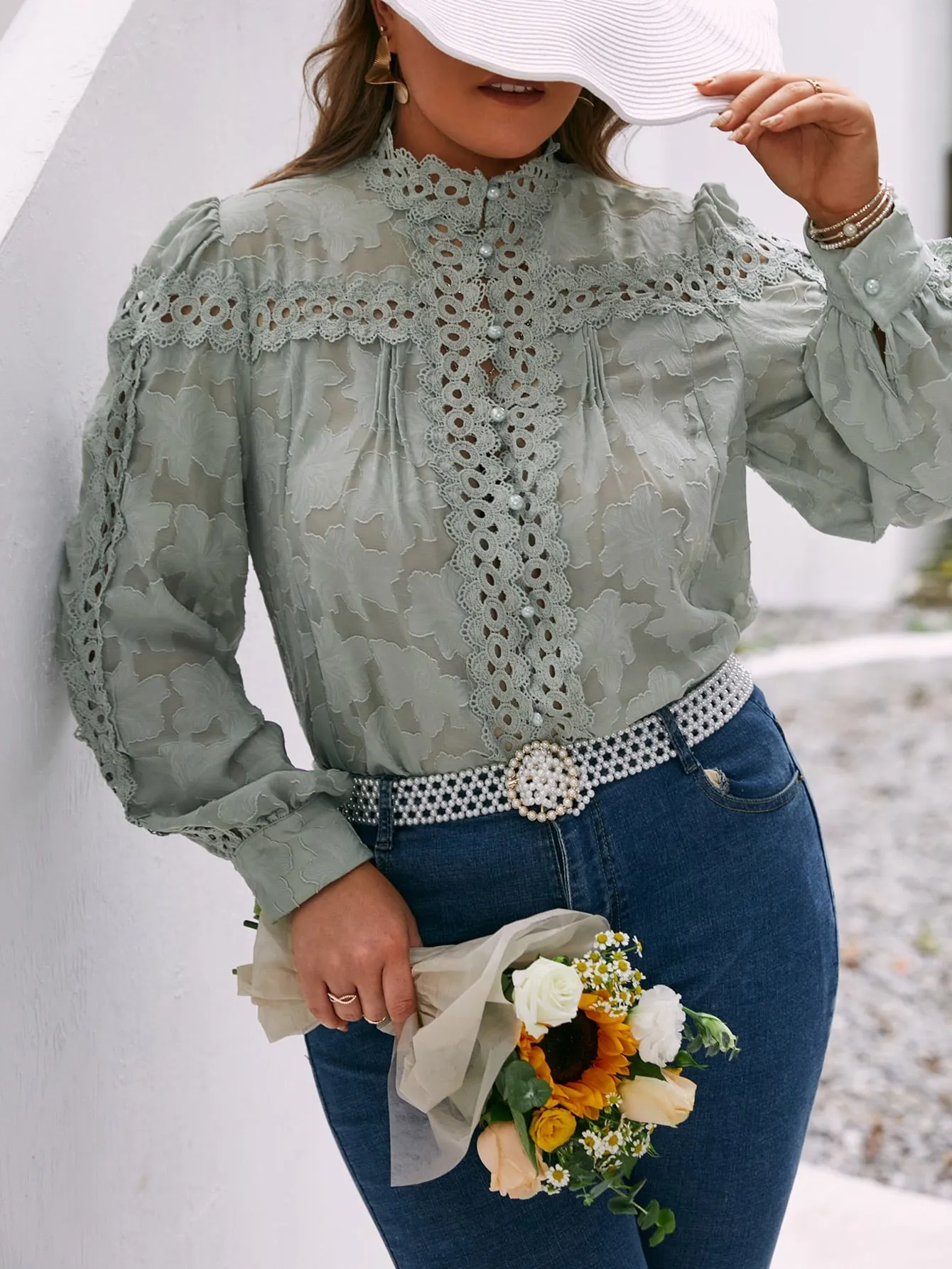 Plain Contrast Lace Long Sleeve Stand Collar Semi-Sheer Regular Plus Size Blouse