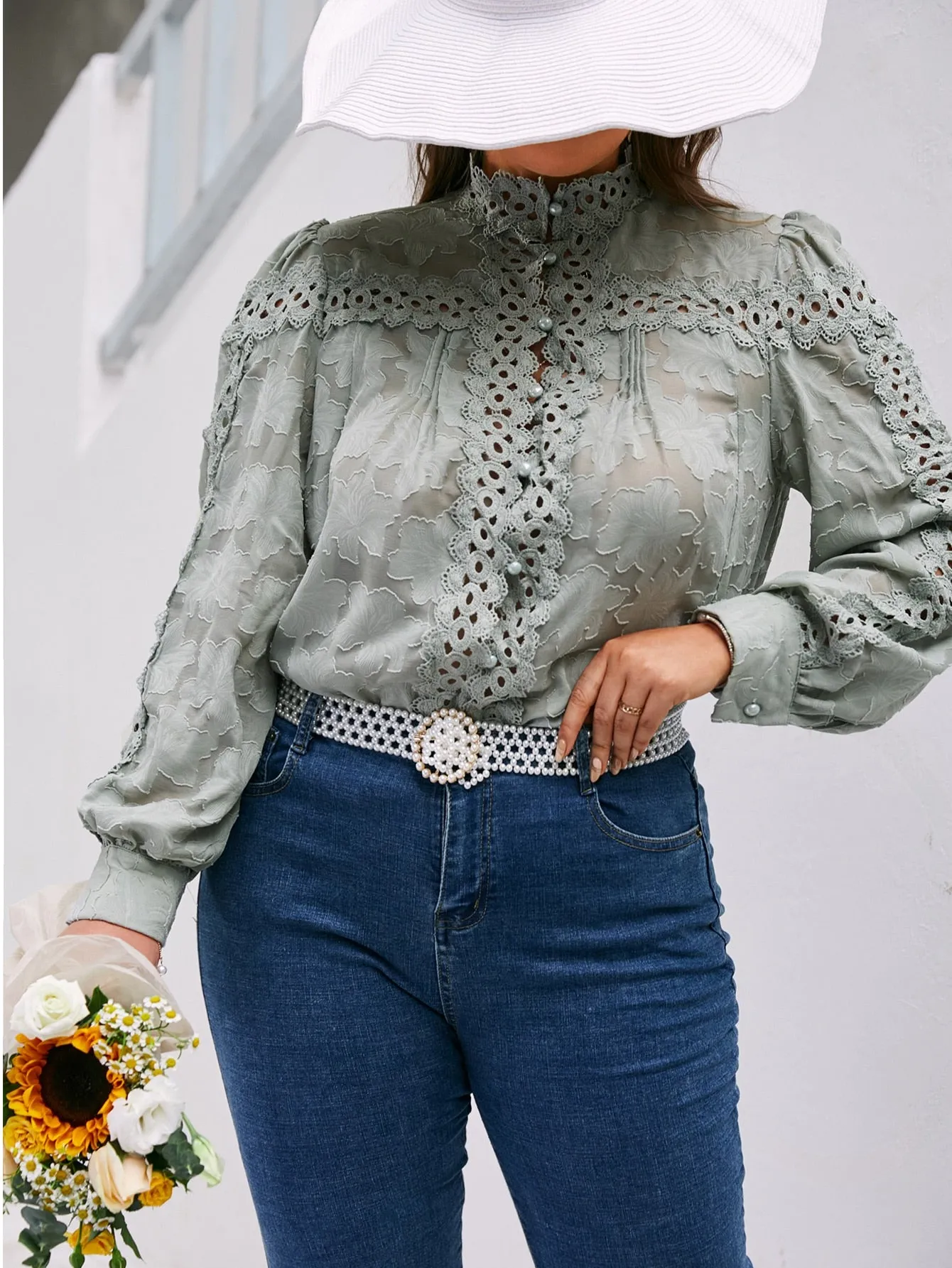 Plain Contrast Lace Long Sleeve Stand Collar Semi-Sheer Regular Plus Size Blouse
