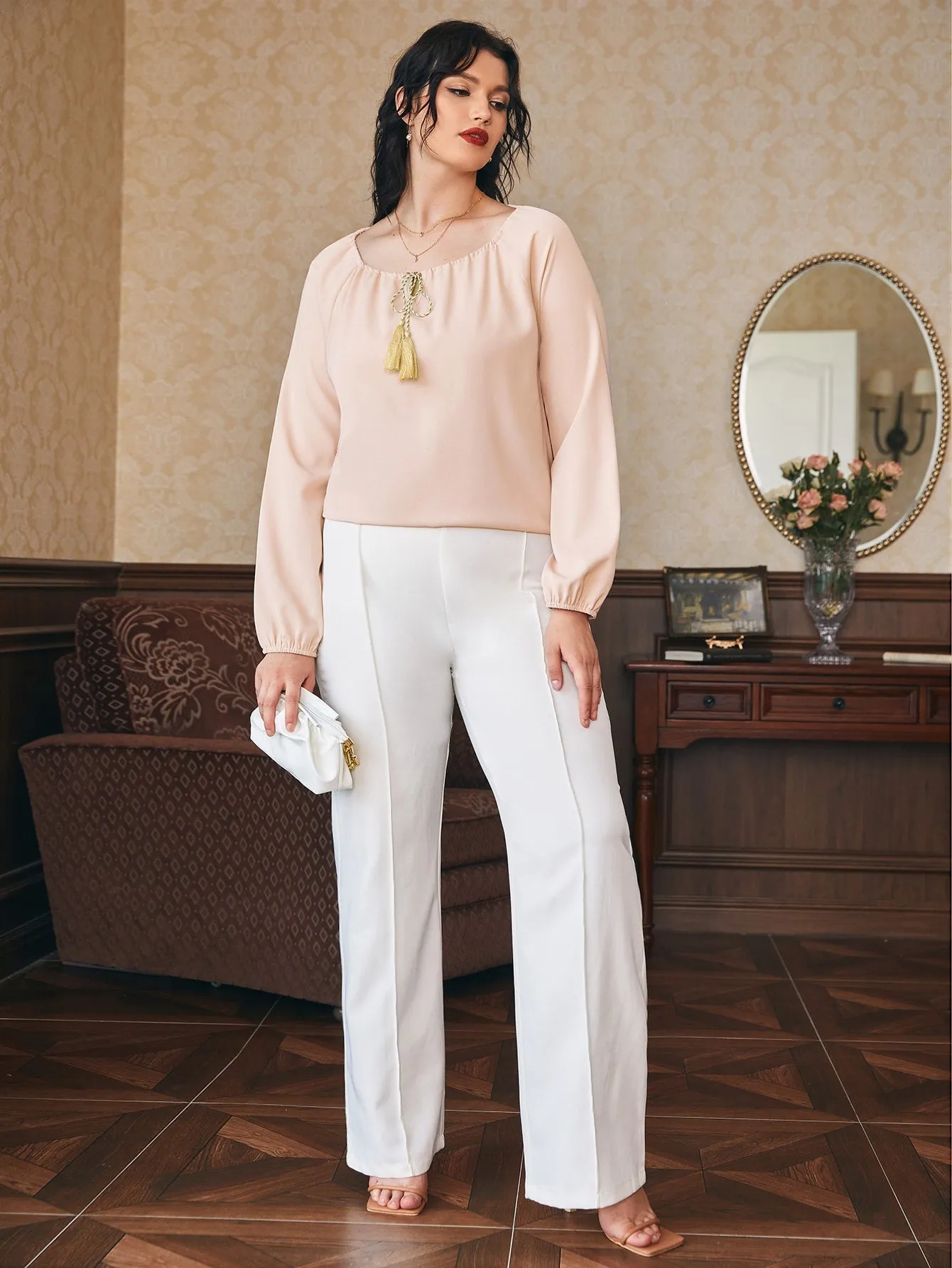 Plain Fringe Long Sleeve Scoop Neck Regular Plus Size Blouse