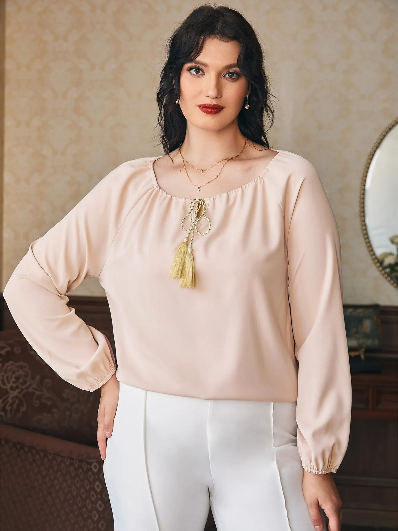 Plain Fringe Long Sleeve Scoop Neck Regular Plus Size Blouse