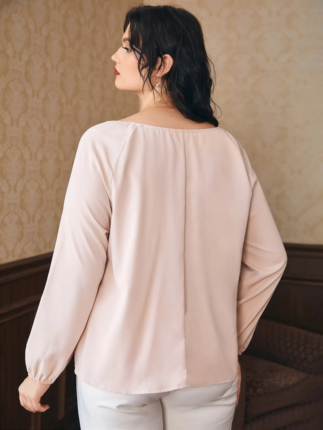 Plain Fringe Long Sleeve Scoop Neck Regular Plus Size Blouse
