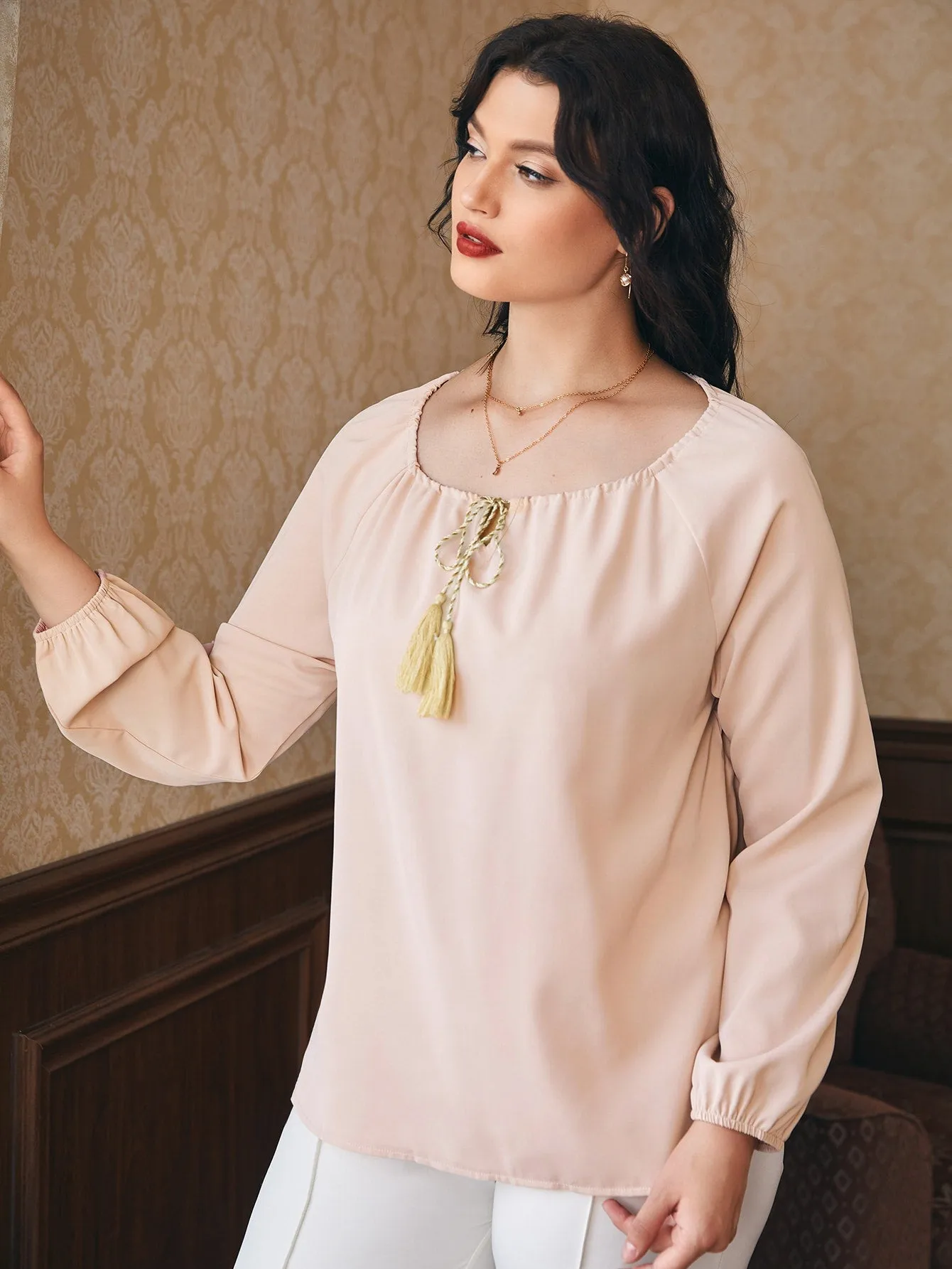 Plain Fringe Long Sleeve Scoop Neck Regular Plus Size Blouse