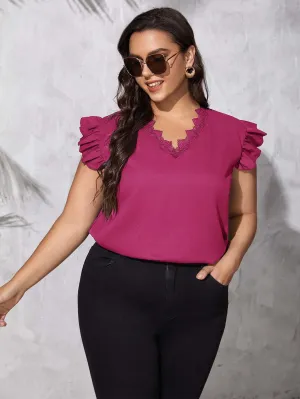 Plain Ruffle Cap Sleeve V Neck Regular Plus Size Blouse