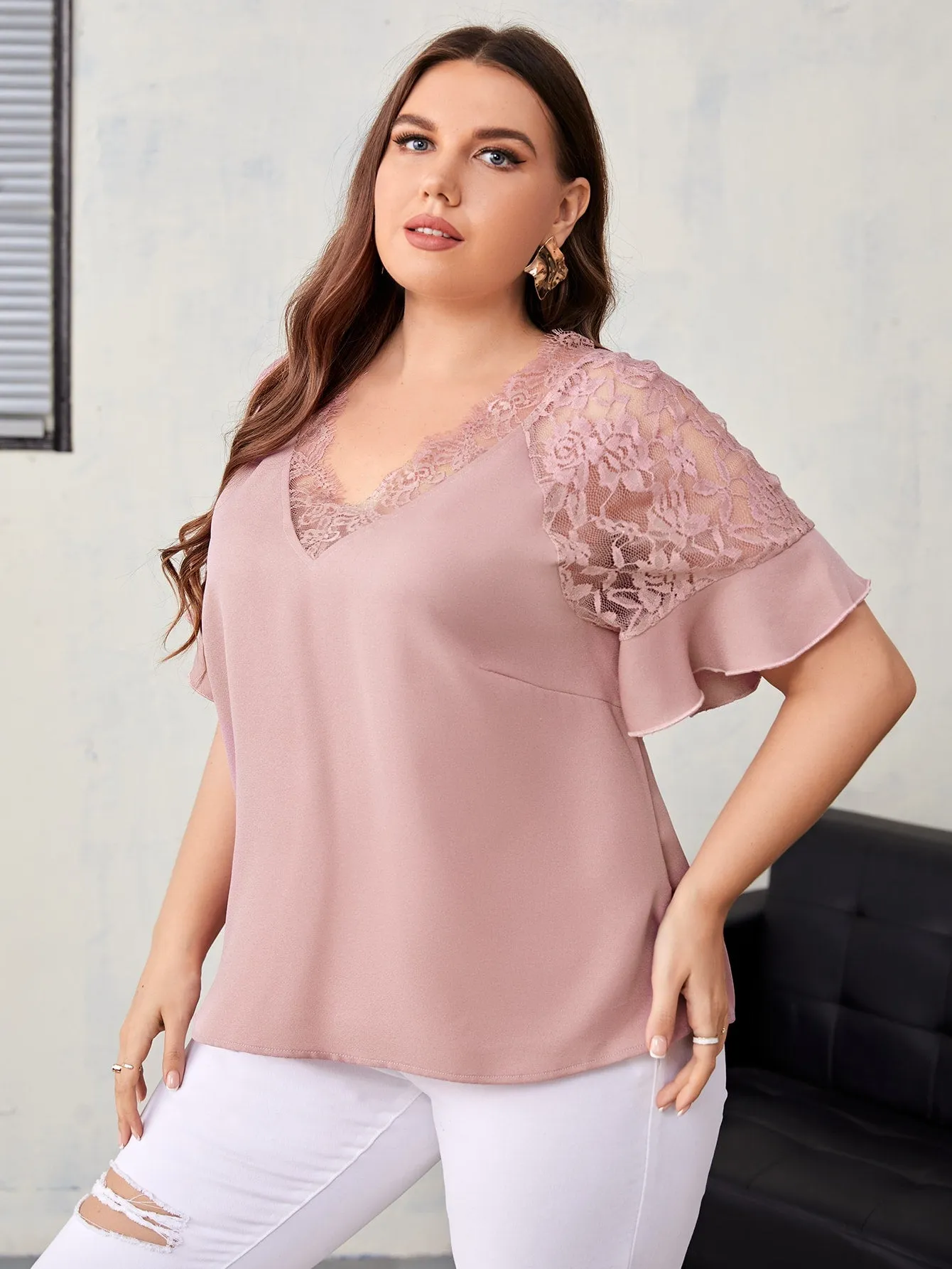 Plain Ruffle Short Sleeve V Neck Regular Plus Size Blouse