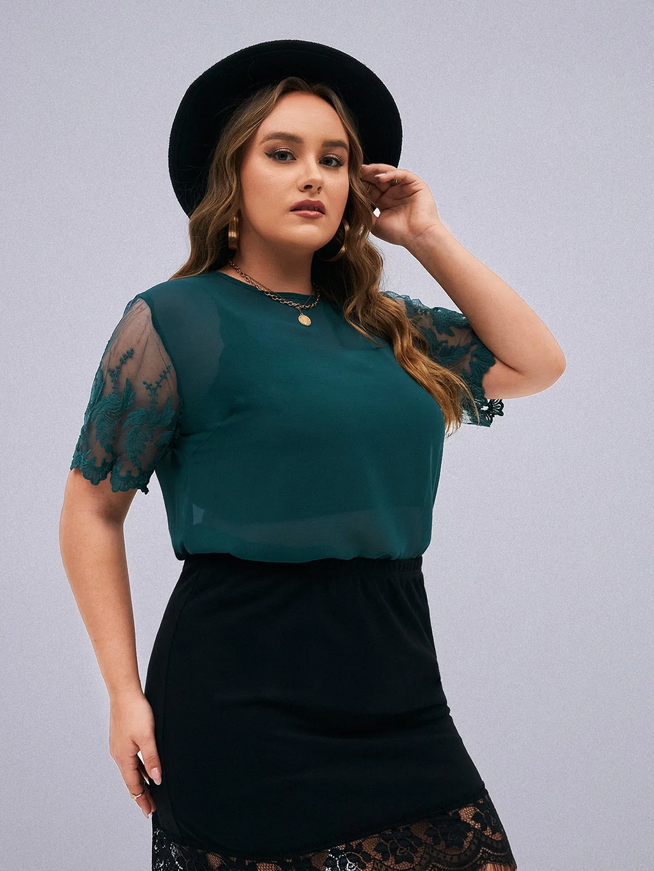 Plain Sheer Short Sleeve Round Neck Semi-Sheer Regular Plus Size Blouse