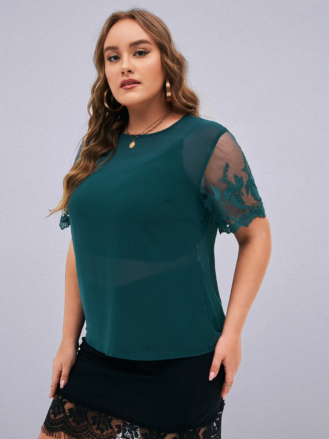 Plain Sheer Short Sleeve Round Neck Semi-Sheer Regular Plus Size Blouse