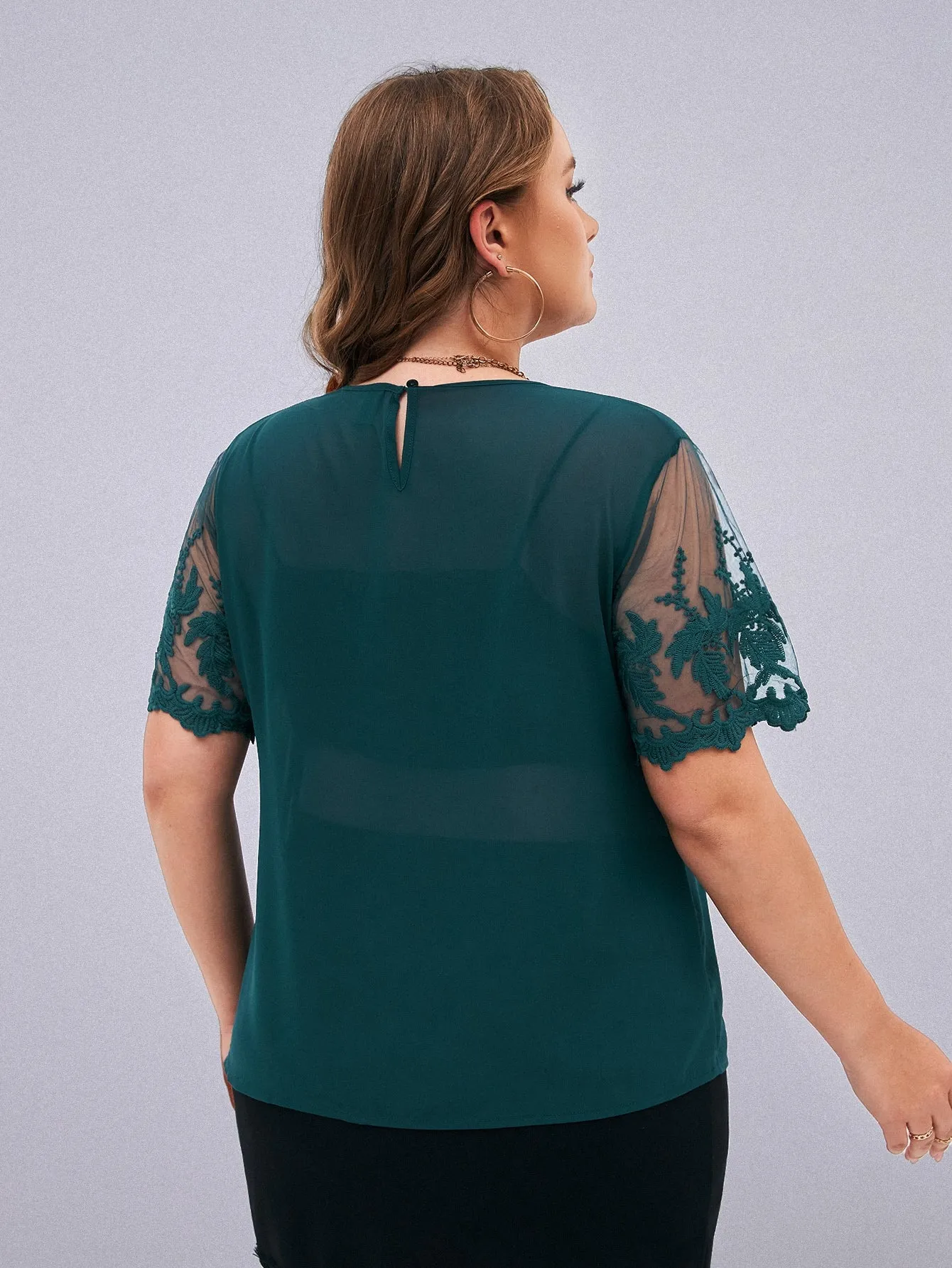 Plain Sheer Short Sleeve Round Neck Semi-Sheer Regular Plus Size Blouse
