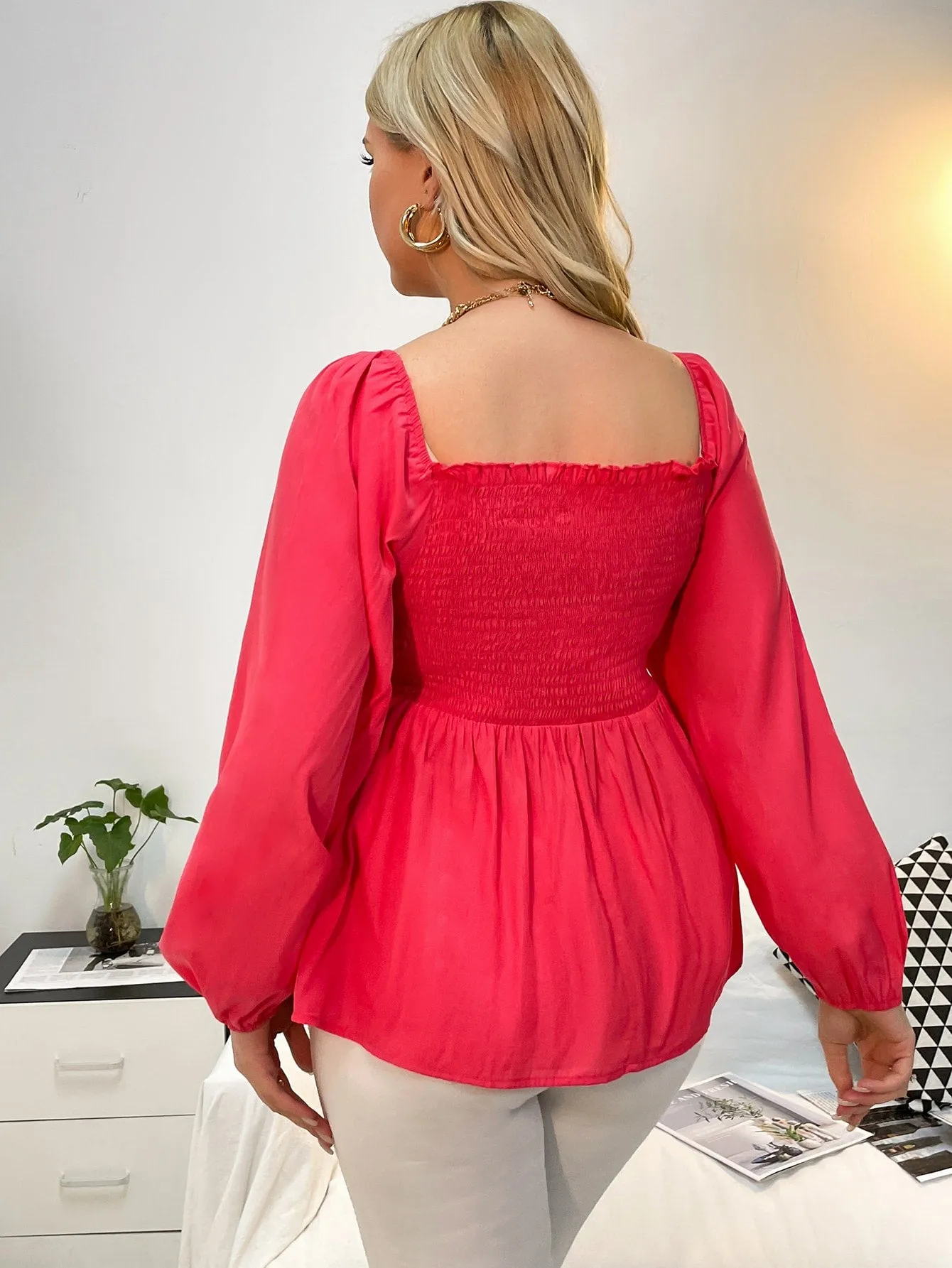 Plain Shirred Long Sleeve Square Neck Flared Regular Plus Size Blouse