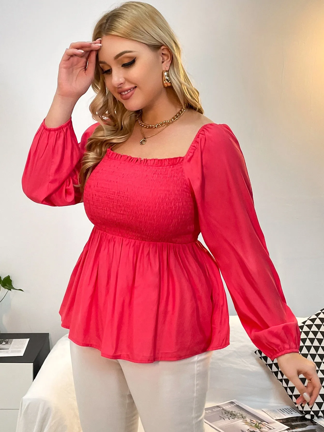 Plain Shirred Long Sleeve Square Neck Flared Regular Plus Size Blouse