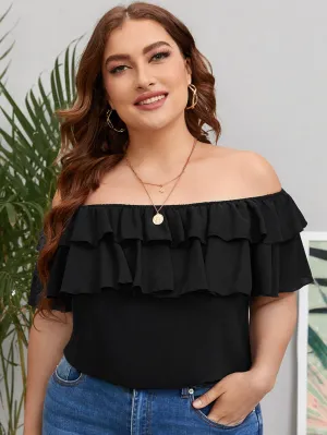 Plain Tiered Layer Short Sleeve Off The Shoulder Regular Plus Size Blouse