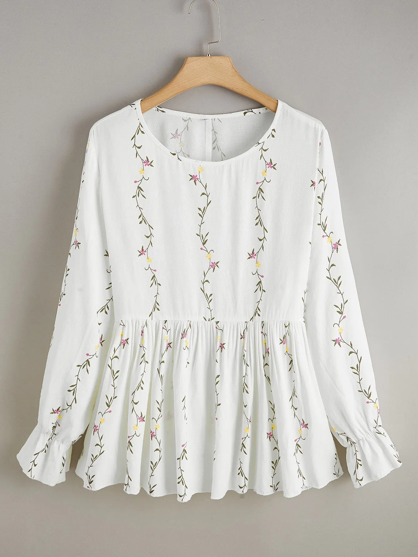Plants Ruffle Hem Long Sleeve Round Neck Regular Plus Size Blouse