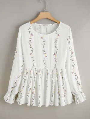 Plants Ruffle Hem Long Sleeve Round Neck Regular Plus Size Blouse