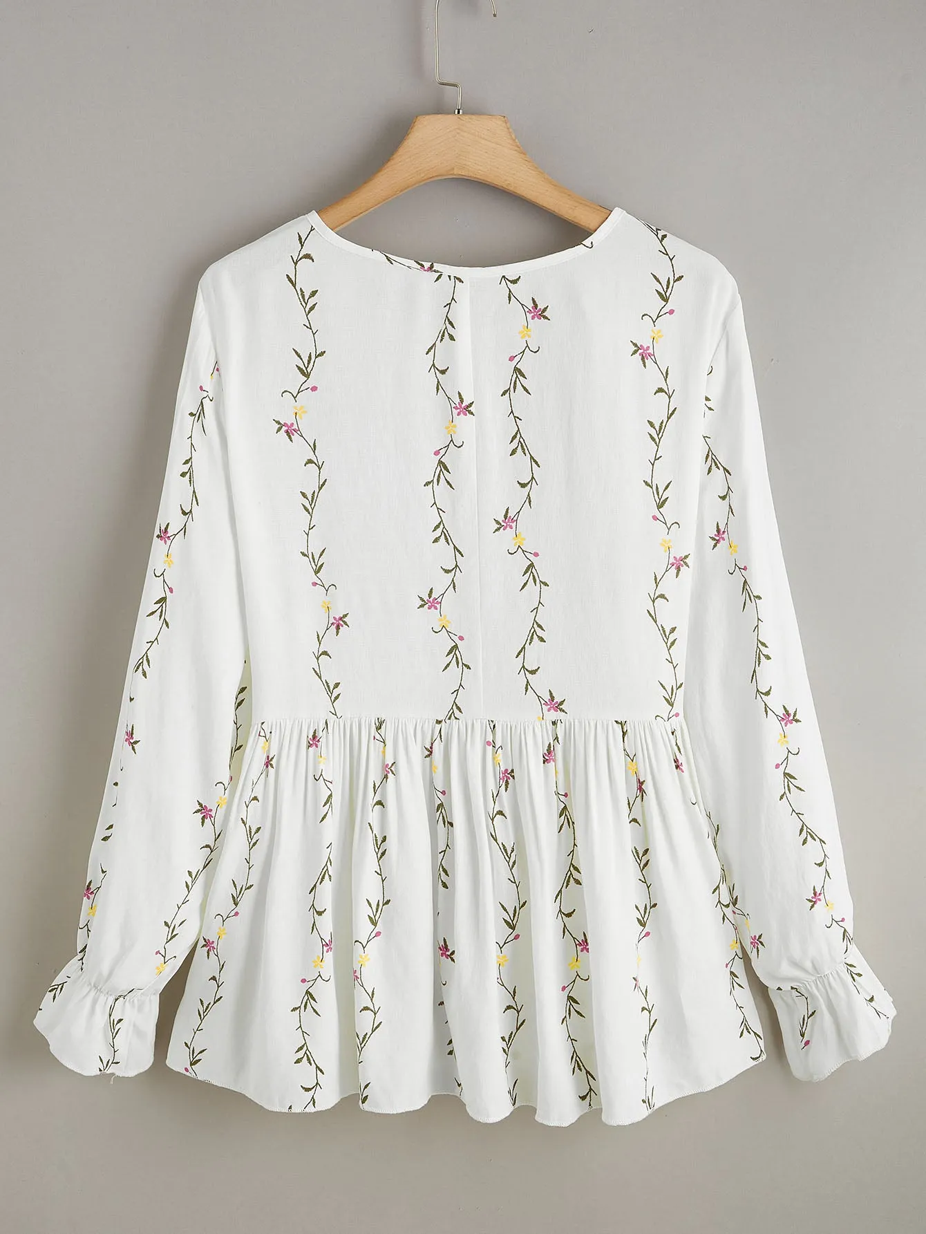 Plants Ruffle Hem Long Sleeve Round Neck Regular Plus Size Blouse
