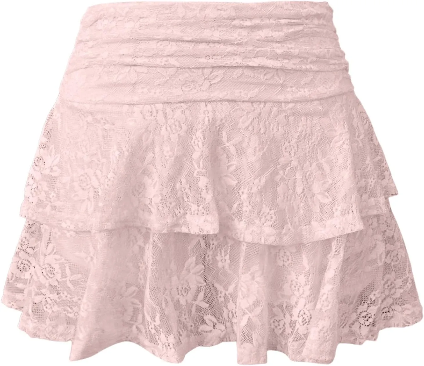 Pleated Mini Skirt for Women Summer Vacation Double Lace Ruffles Mid Elastic Waist Boha Beach Lace Sheer Mini Skirt