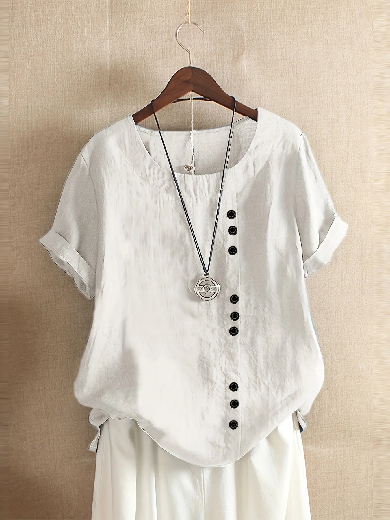 Plus Size Chic Blouse with Fashionable Button Detail - Lightweight & Casual Crew Neck Design for Summer - Perfect Short Sleeve Top for Curvy Women