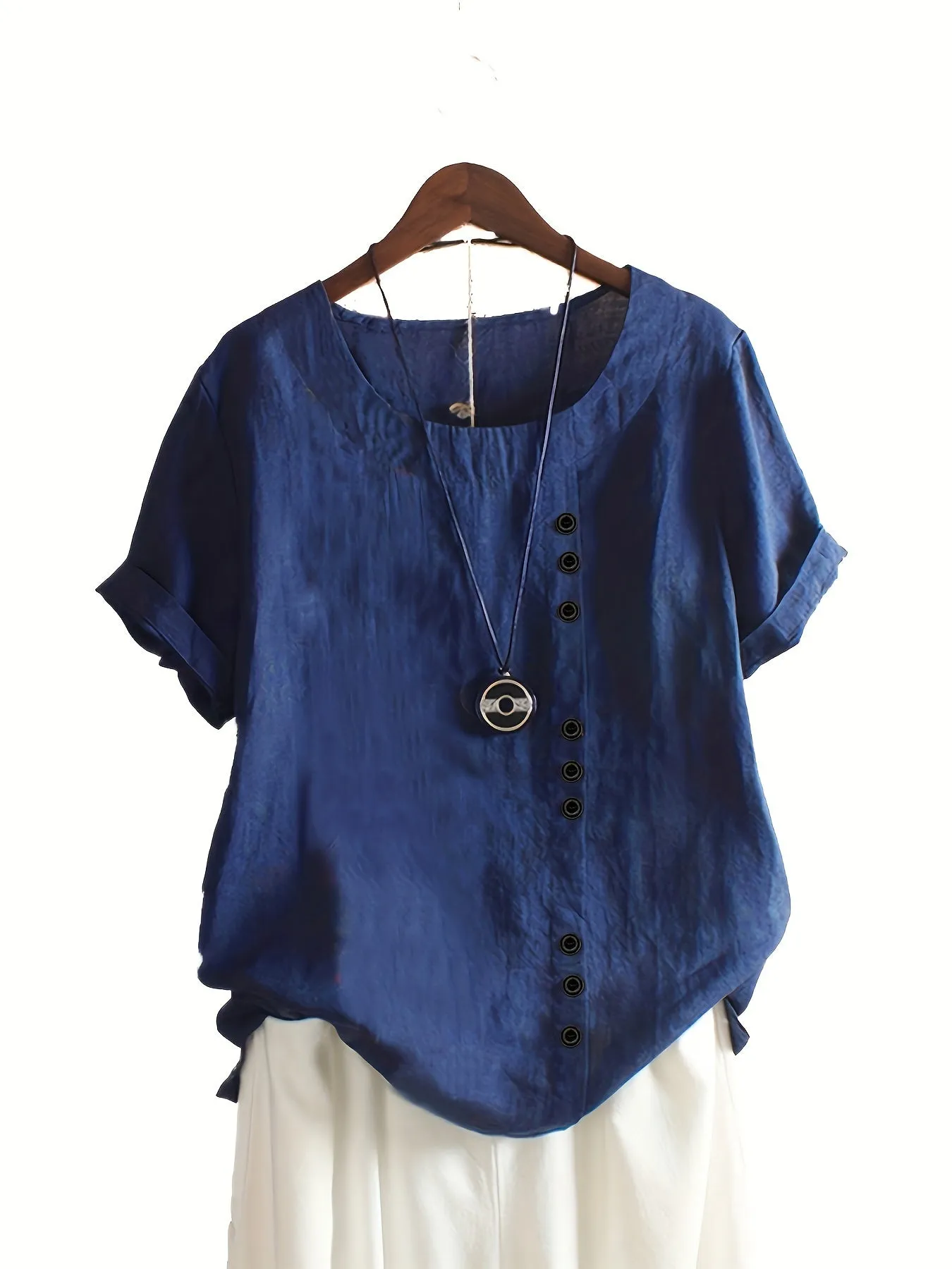 Plus Size Chic Blouse with Fashionable Button Detail - Lightweight & Casual Crew Neck Design for Summer - Perfect Short Sleeve Top for Curvy Women