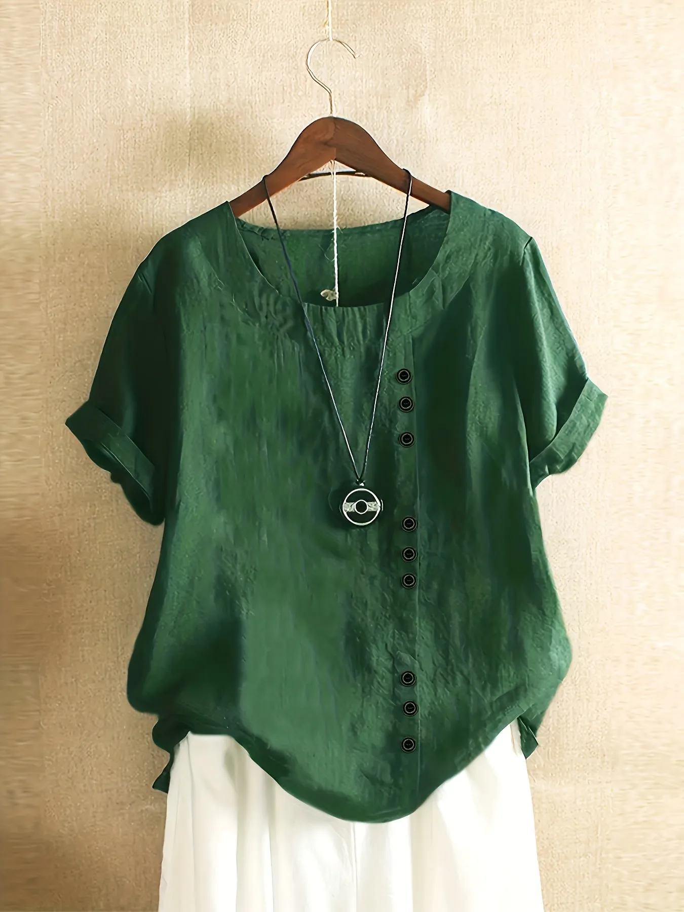Plus Size Chic Blouse with Fashionable Button Detail - Lightweight & Casual Crew Neck Design for Summer - Perfect Short Sleeve Top for Curvy Women