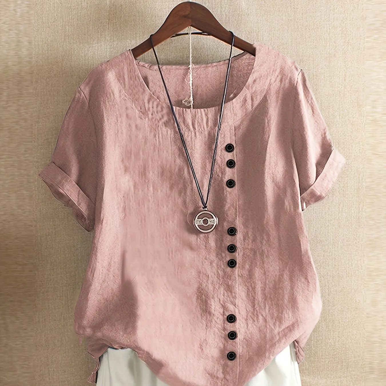 Plus Size Chic Blouse with Fashionable Button Detail - Lightweight & Casual Crew Neck Design for Summer - Perfect Short Sleeve Top for Curvy Women