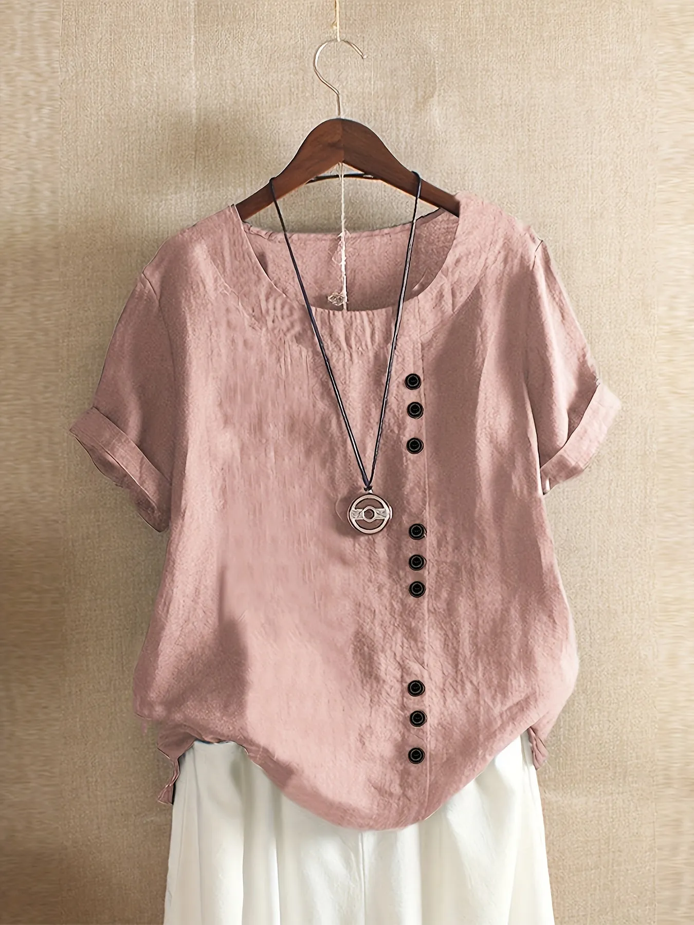 Plus Size Chic Blouse with Fashionable Button Detail - Lightweight & Casual Crew Neck Design for Summer - Perfect Short Sleeve Top for Curvy Women