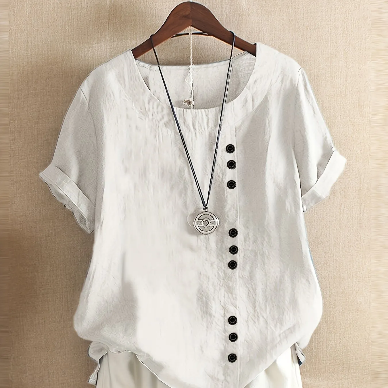 Plus Size Chic Blouse with Fashionable Button Detail - Lightweight & Casual Crew Neck Design for Summer - Perfect Short Sleeve Top for Curvy Women