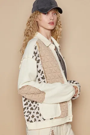 POL Leopard Exposed Seam Button Down Quilted Jacket