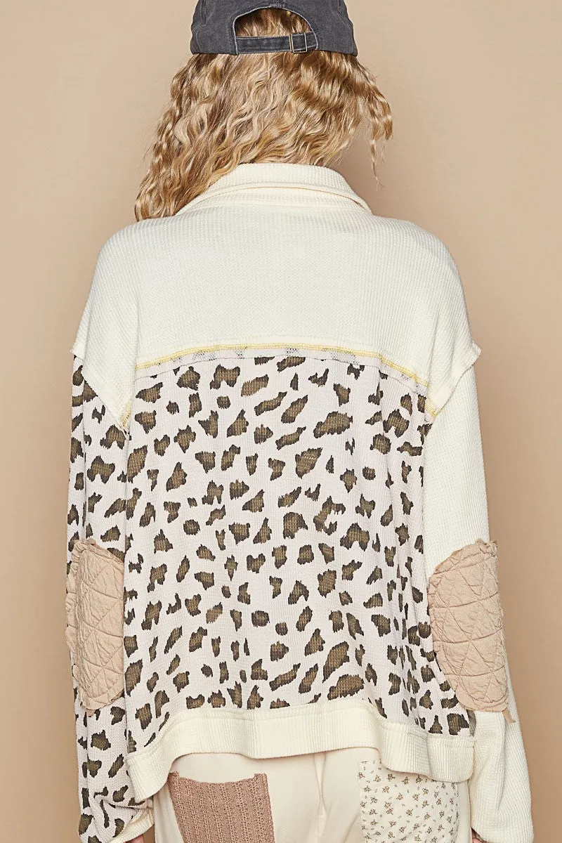 POL Leopard Exposed Seam Button Down Quilted Jacket