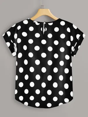 Polka Dot Short Sleeve Round Neck Regular Plus Size Blouse