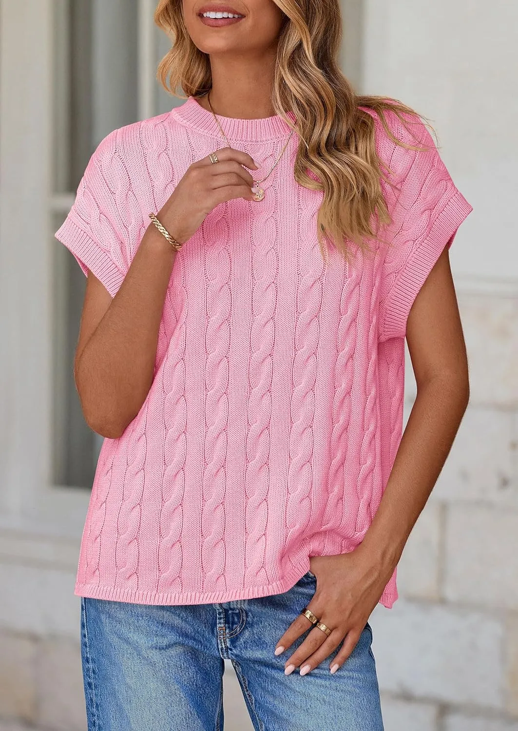 PRETTYGARDEN Women's Sweater Vest 2025 Summer Short Sleeve Tops Casual Crewneck Knit Oversized Pullover Trendy Spring Outfits
