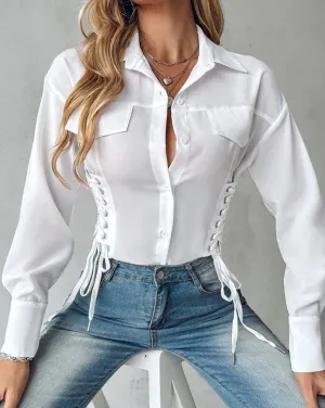 Purpdrank Women's New Fashion Eyelet Lace-Up Long Sleeve Buttoned Top Temperament Commuting Spring Female Shirt Women Casual Blouses