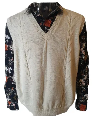 SALE Cream Wool Hand Knitted Vest - Unisex (2XL)