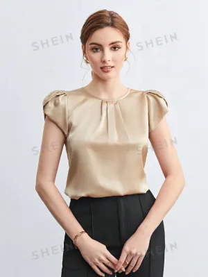 SHEIN BIZwear Solid Color Satin Round Neck Petal Sleeve Women's Work Shirt