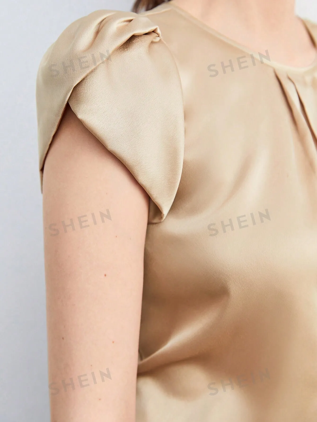 SHEIN BIZwear Solid Color Satin Round Neck Petal Sleeve Women's Work Shirt