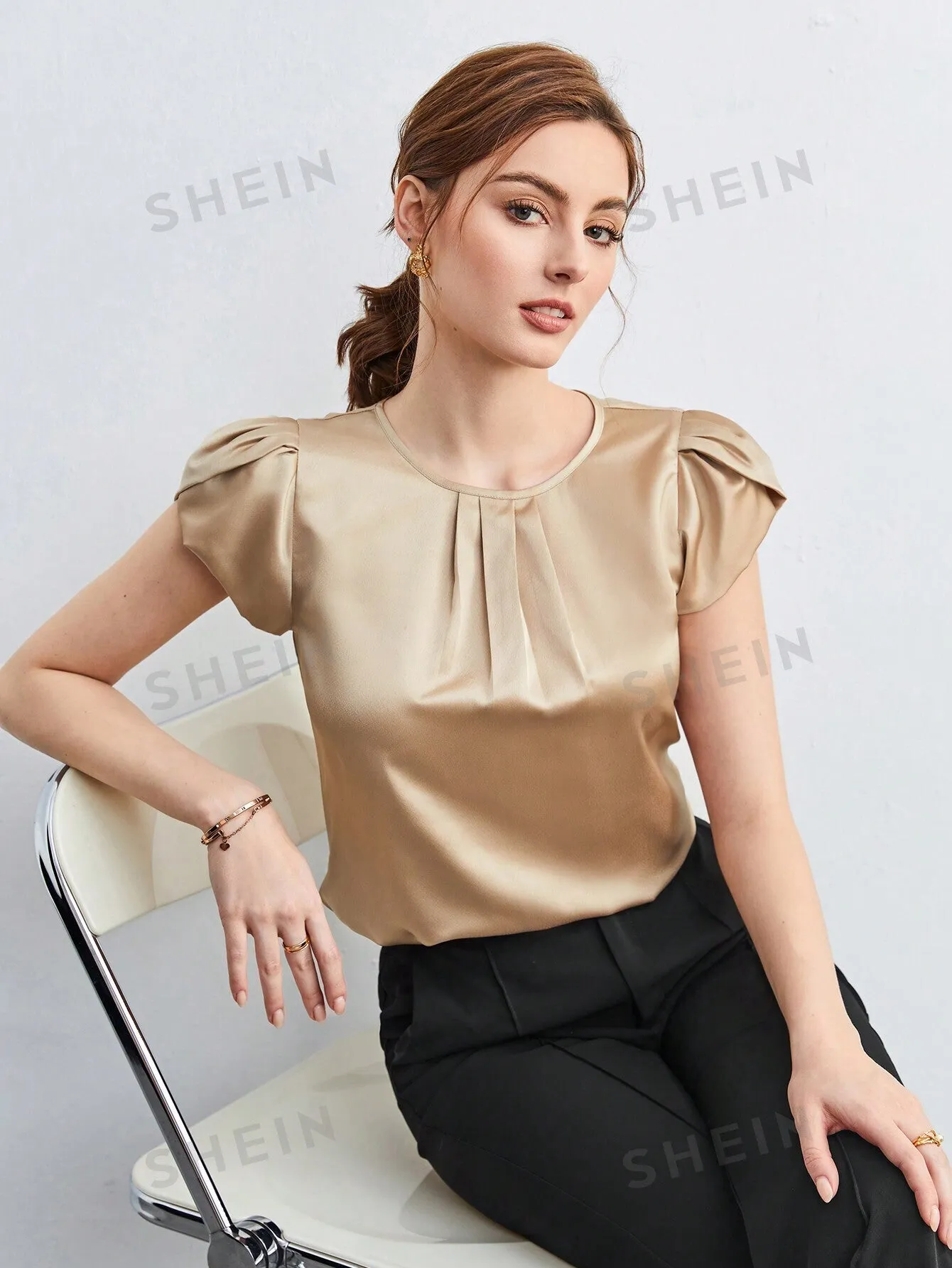 SHEIN BIZwear Solid Color Satin Round Neck Petal Sleeve Women's Work Shirt