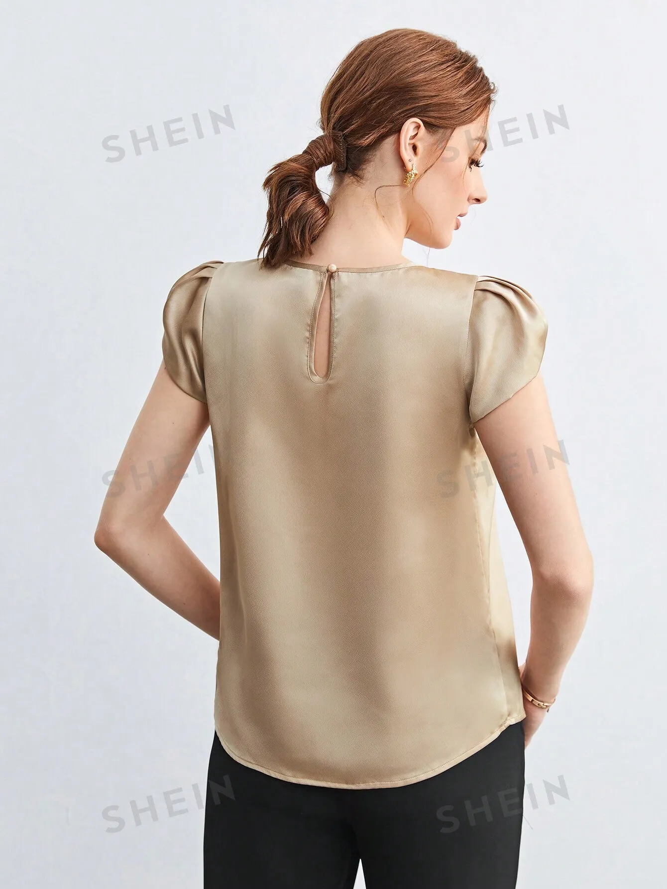 SHEIN BIZwear Solid Color Satin Round Neck Petal Sleeve Women's Work Shirt