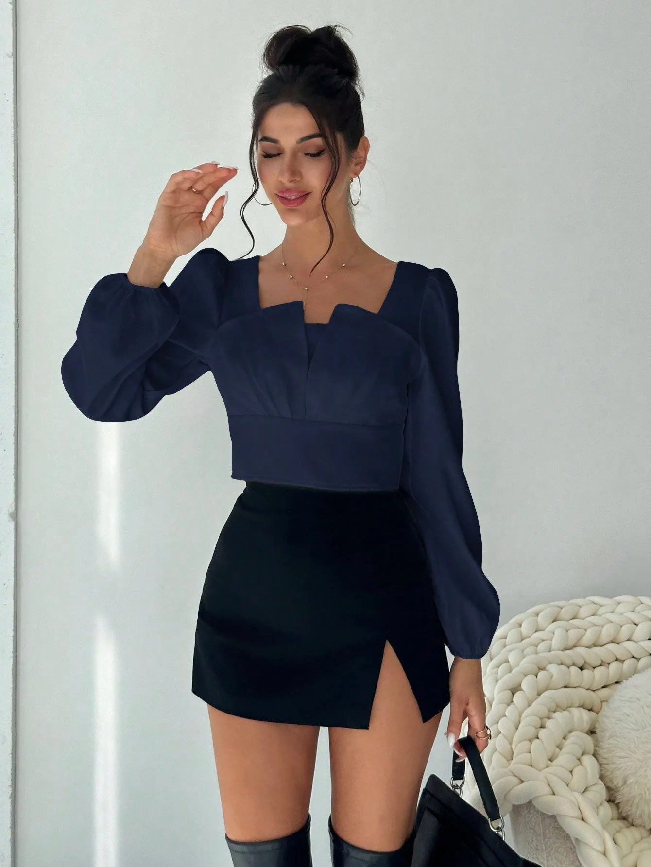 Shein Firerie Symmetric Gathers Collar Design Long Sleeve Shirt