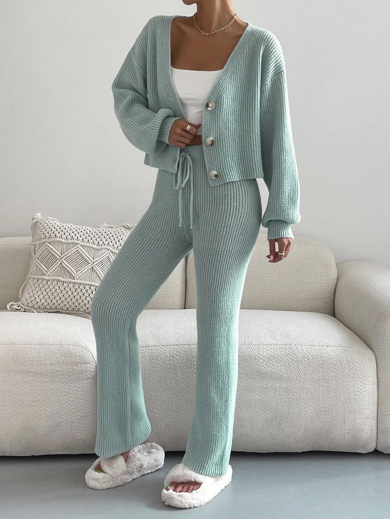 SHEIN Single Breasted Drop Shoulder Cardigan & Tie Front Knit Pants