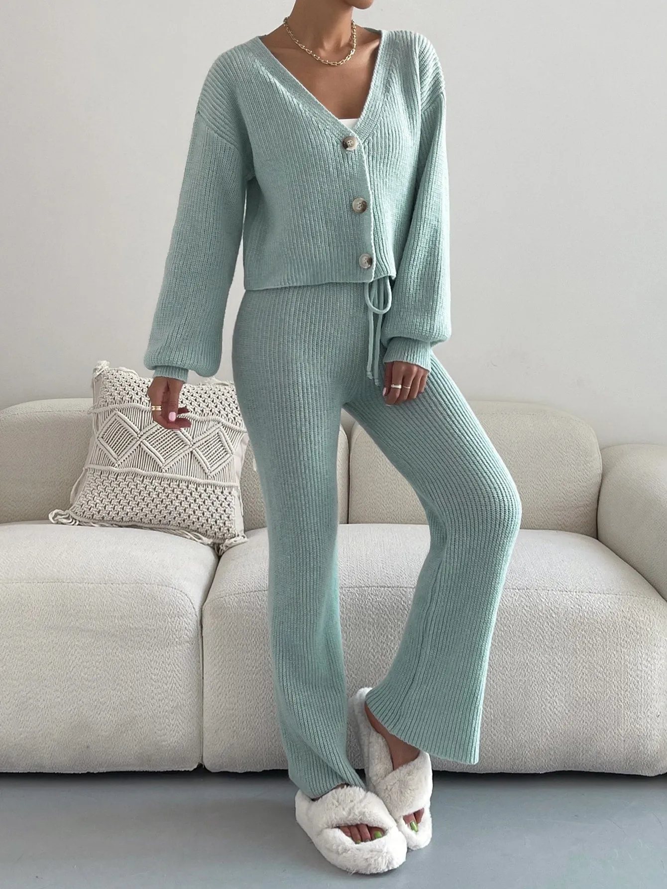 SHEIN Single Breasted Drop Shoulder Cardigan & Tie Front Knit Pants