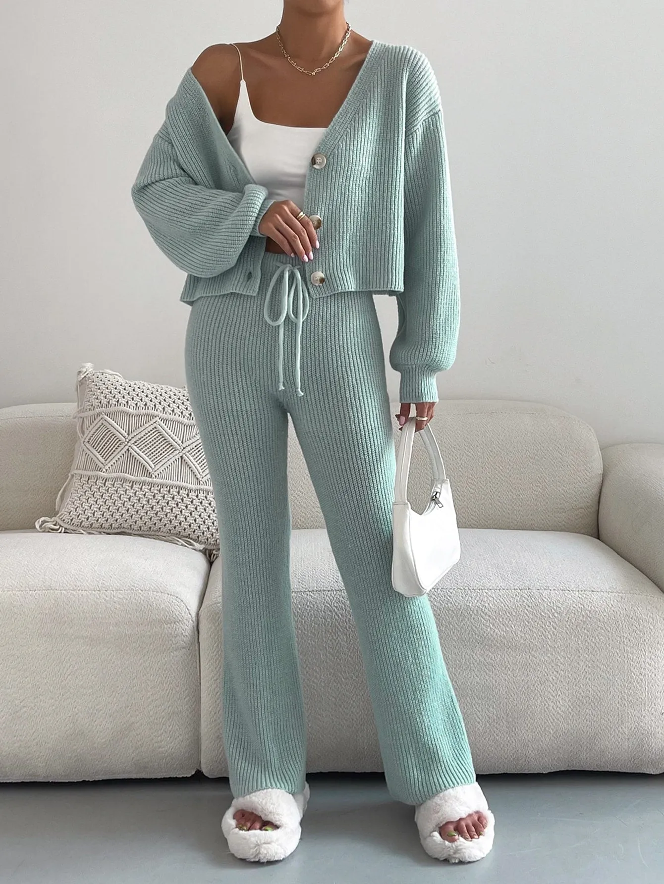 SHEIN Single Breasted Drop Shoulder Cardigan & Tie Front Knit Pants
