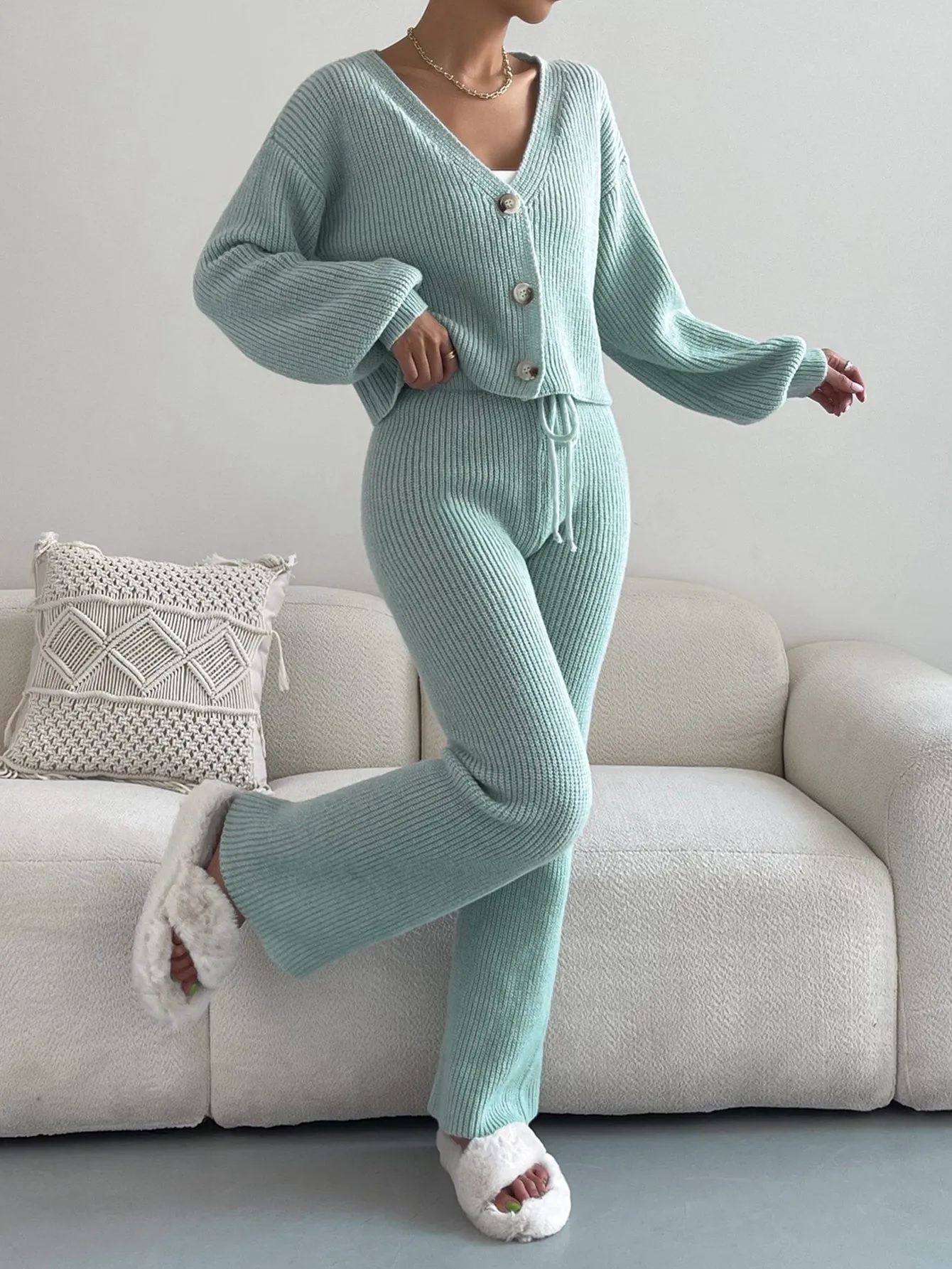 SHEIN Single Breasted Drop Shoulder Cardigan & Tie Front Knit Pants