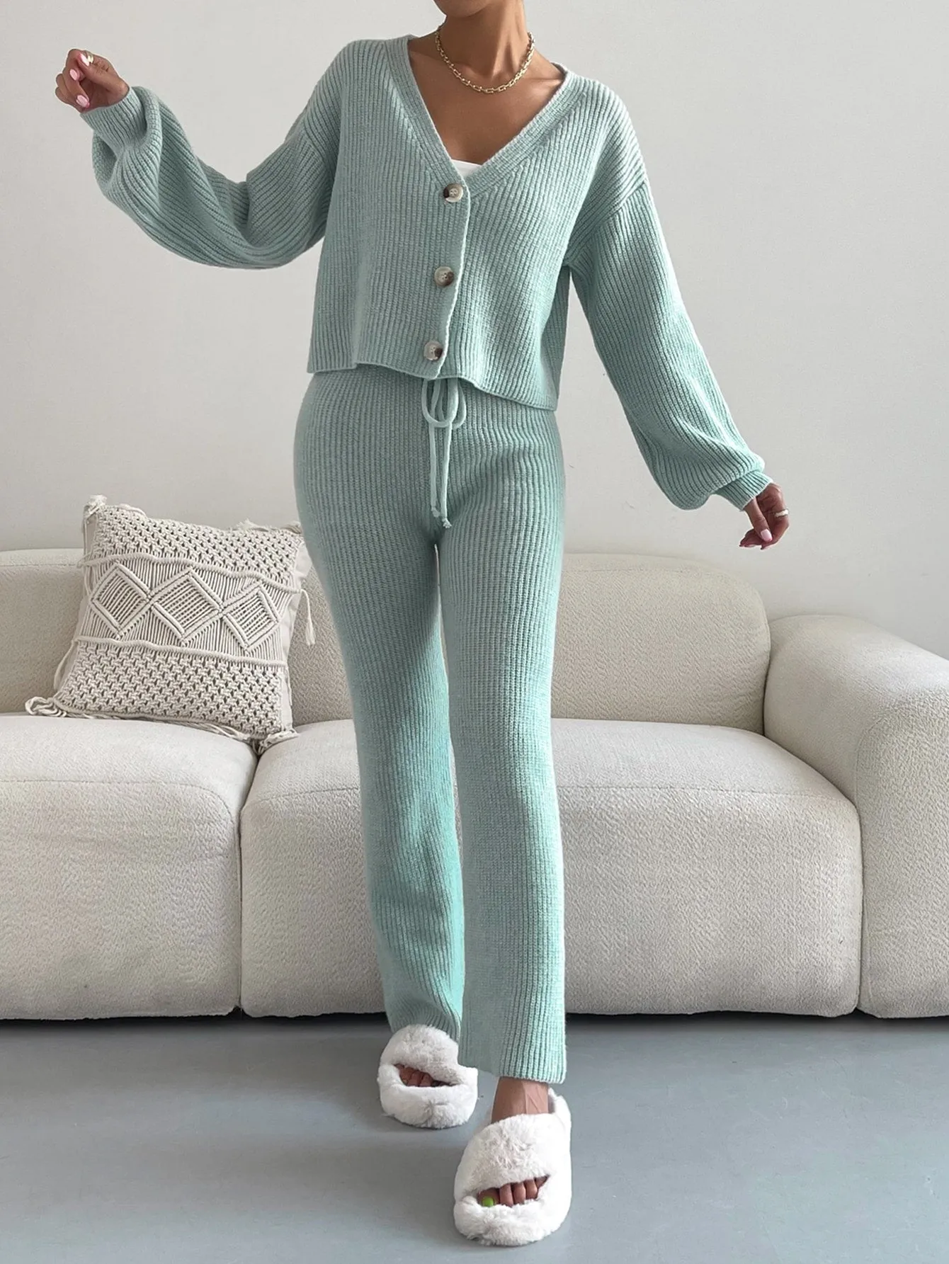 SHEIN Single Breasted Drop Shoulder Cardigan & Tie Front Knit Pants