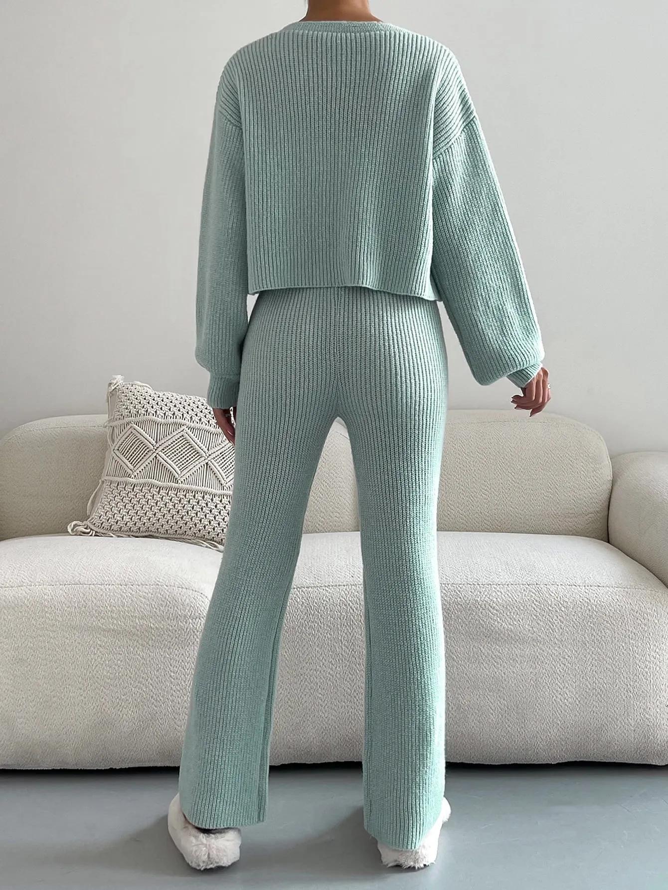 SHEIN Single Breasted Drop Shoulder Cardigan & Tie Front Knit Pants