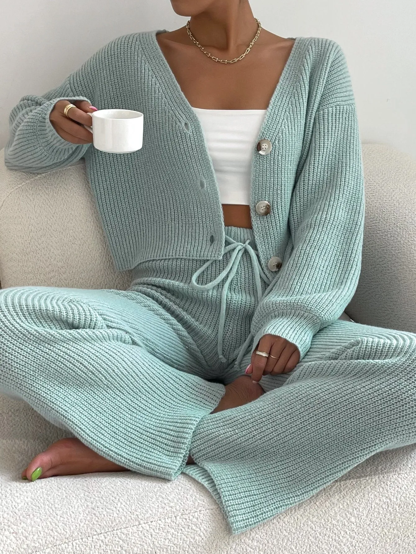 SHEIN Single Breasted Drop Shoulder Cardigan & Tie Front Knit Pants