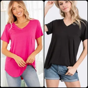 SHORT SLEEVE V NECK SOLID TOP WITH SIDE SLIT DETAIL